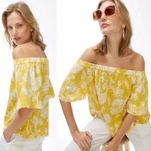 CHICO'S NWT Linen Paisley Off Shoulder Short Sleeve Knit Yellow Top~Size S